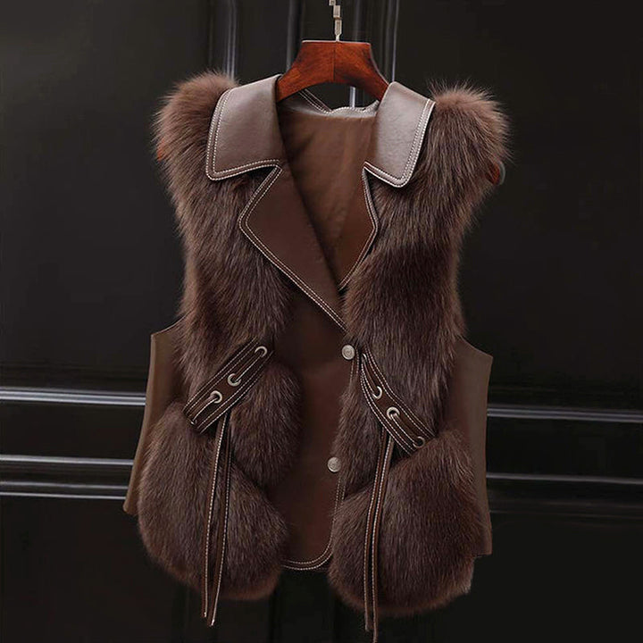 Women’s Faux Fur Vest with Lapel Collar and Waist Tie