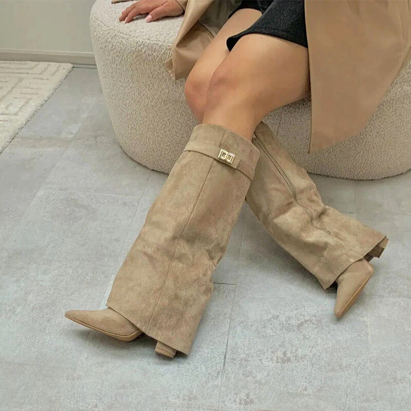 Women’s Knee-High Suede Boots with Fold-Over Cuff